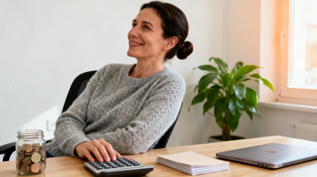Une directrice, soulagée, devant sa calculatrice et un bocal de pièces