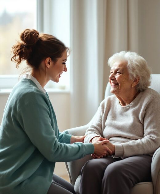 Une intervenante tient la main d'une personne âgée chez elle