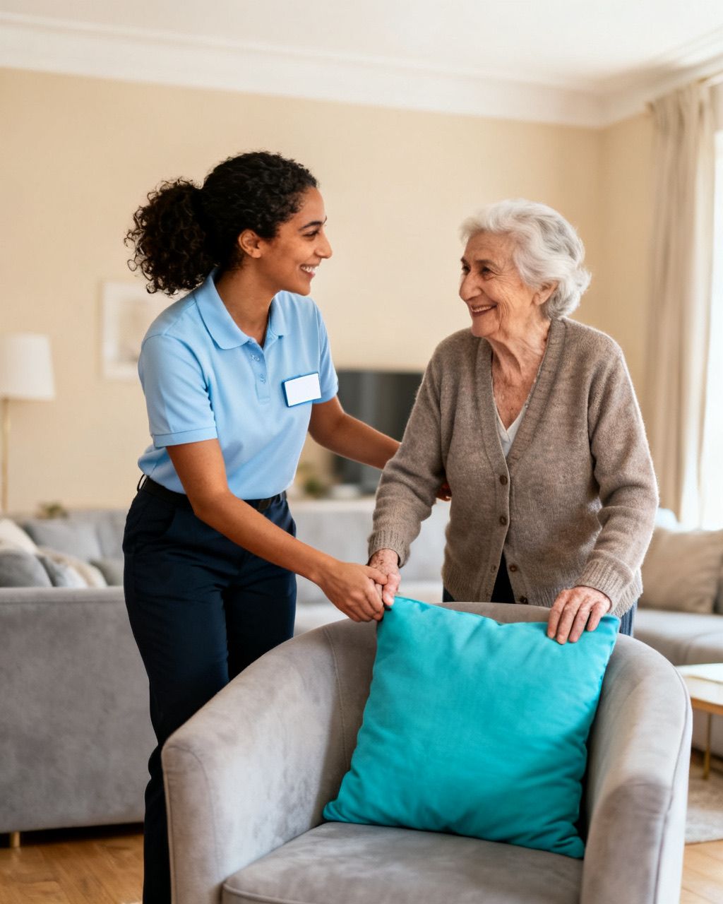 Une intervenante aide une dame âgée à se lever avec le bon geste