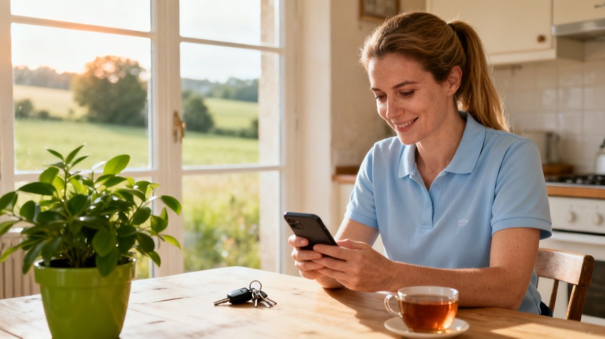 Une intervenante se forme sur son téléphone chez elle, les clés de voiture posées sur la table