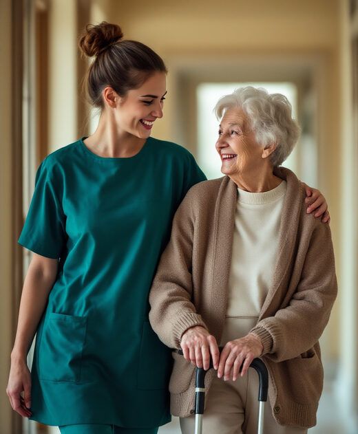 Une intervenante accompagne une personne âgée chez elle