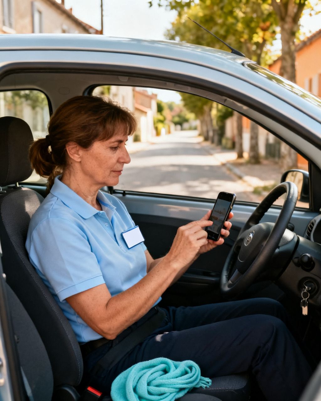 Une intervenante suit un module sur son téléphone, garée entre deux visites